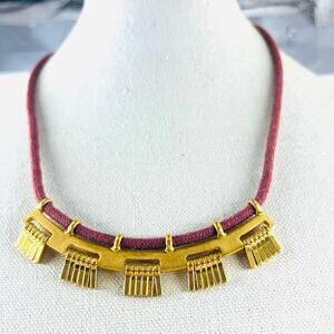Madewell Fringe Necklace Matte Gold Tone Mauve Cotton Cord Geometric Boho